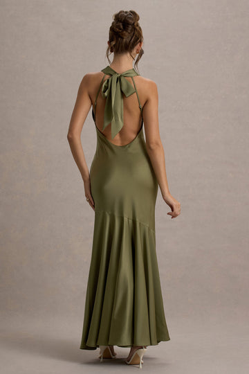 Amelita Khaki Satin Cowl-Neck Maxi Dress